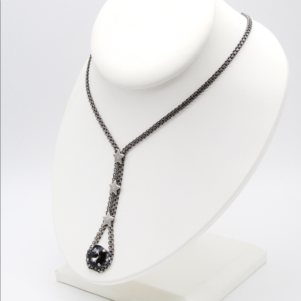 Handmade Swarovski Crystal Star Drop Necklace Gunmetal 20” Statement Pendant - Picture 4 of 4